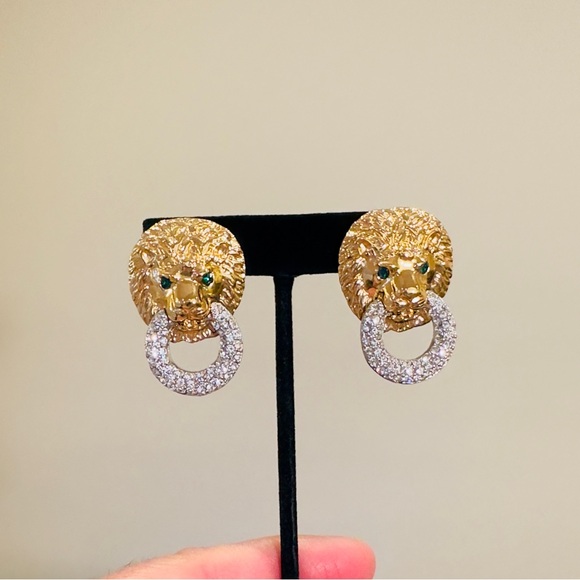 NWOT Authentic Vintage Retro Luxury Kenneth Jay Lane Lion Door Knocker Earrings - Picture 8 of 15